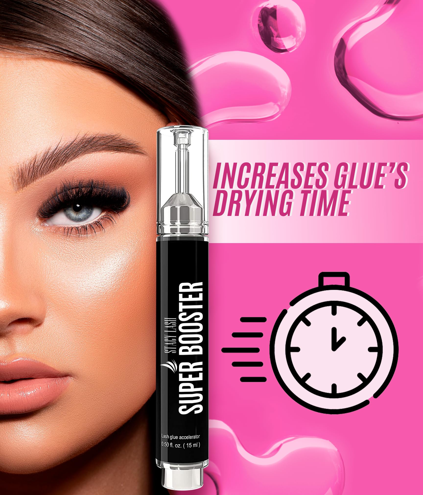STACY LASH Super Booster label close-up highlights vegan, latex-free formula