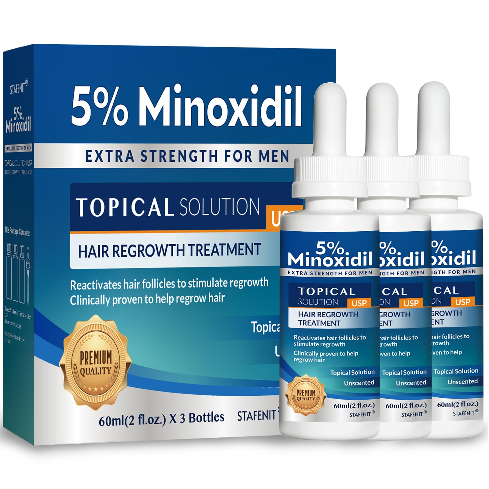 Stafenit 5% Minoxidil bottle ready for scalp and beard use.