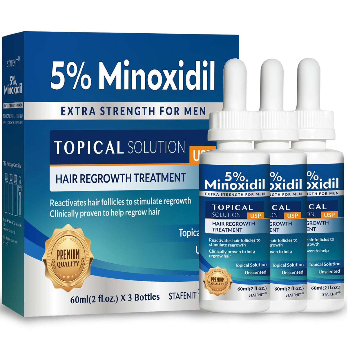 Stafenit 5% Minoxidil bottle ready for scalp and beard use.