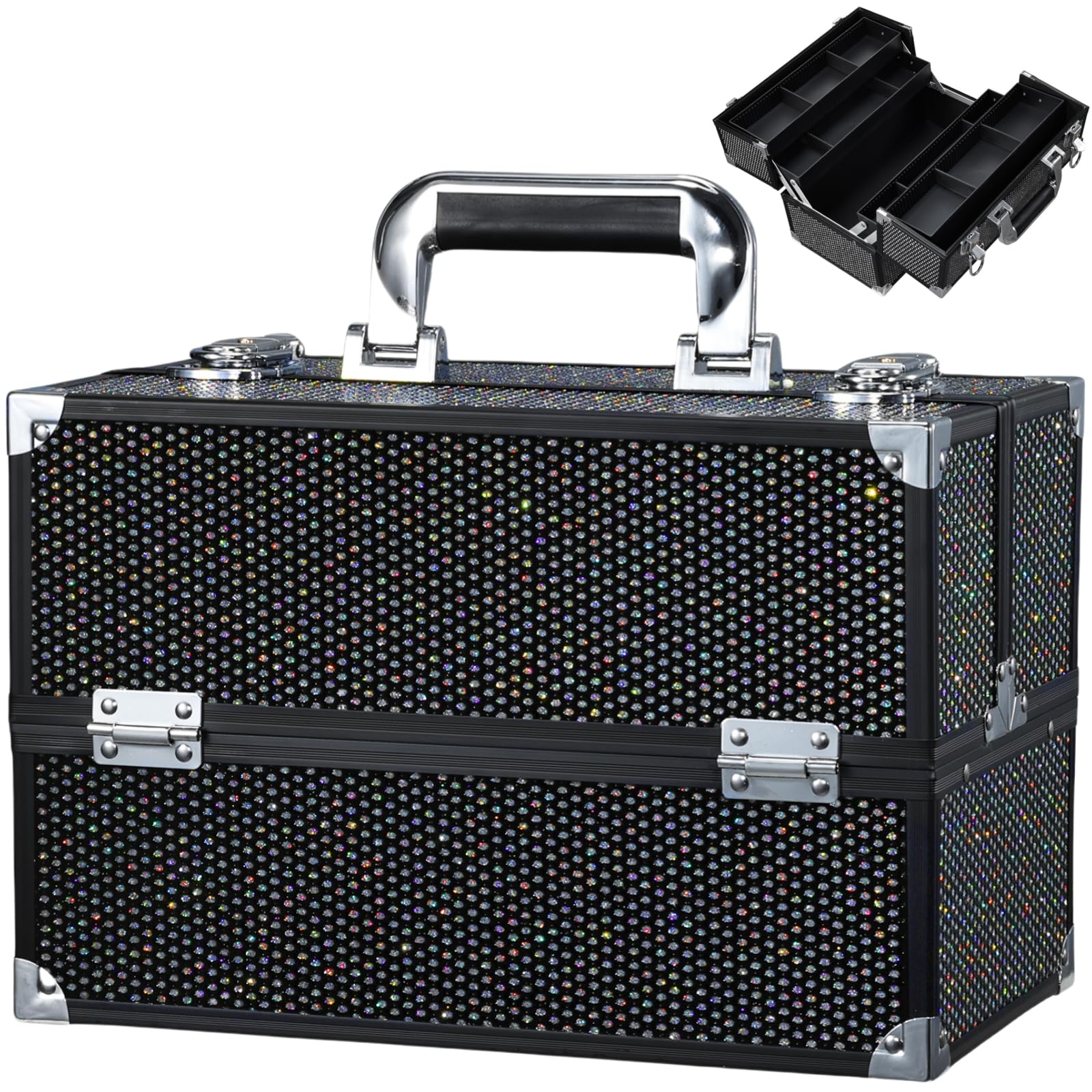 Stagiant 12.6 inch makeup train case with glossy black surface protects cosmetics on the go.