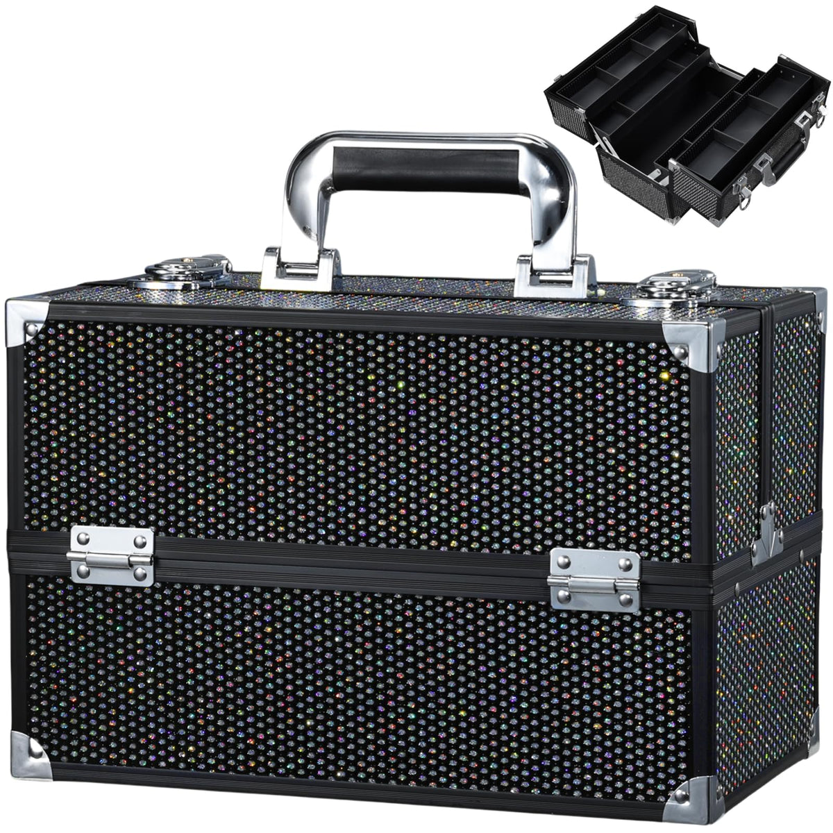 Stagiant 12.6 inch makeup train case with glossy black surface protects cosmetics on the go.