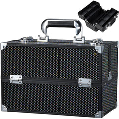 Stagiant 12.6 inch makeup train case with glossy black surface protects cosmetics on the go.