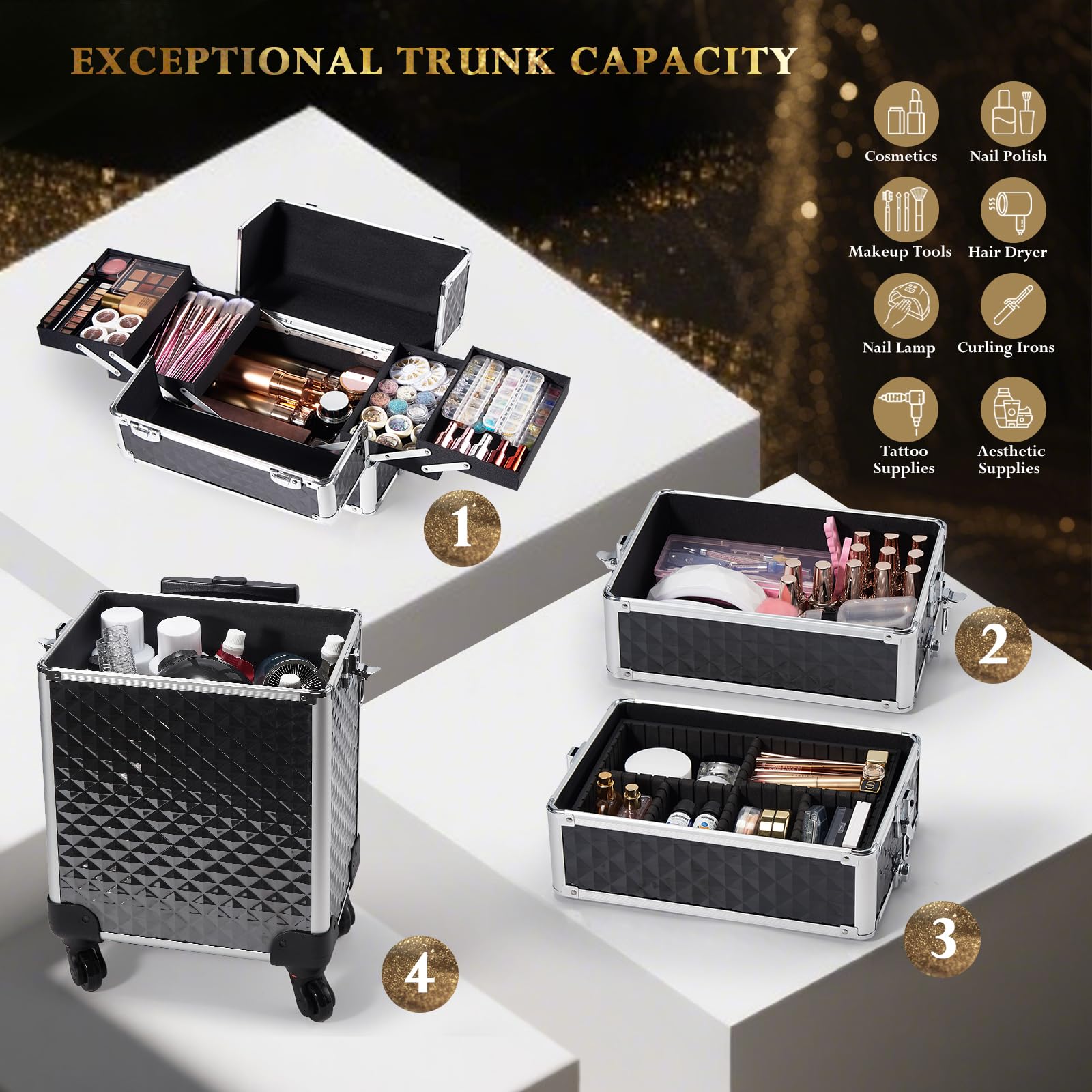 Stagiant 4in1 makeup train case configuration highlights versatile compartments for easy setup.