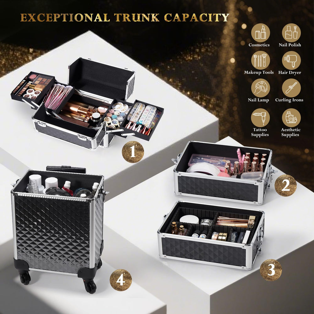 Stagiant 4in1 makeup train case configuration highlights versatile compartments for easy setup.