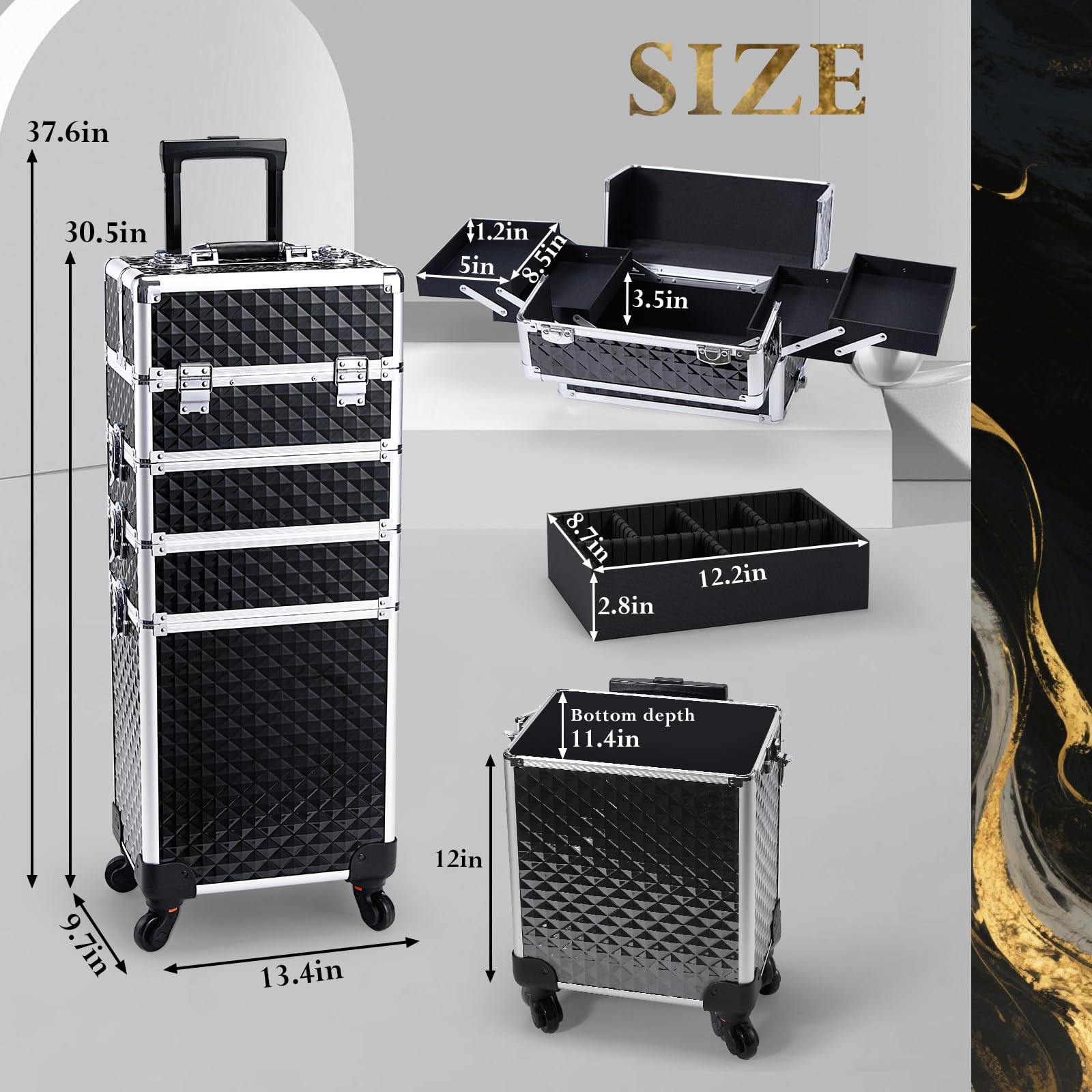 Stagiant bottom compartment stores tools like hair tools and cosmetics for quick access.
