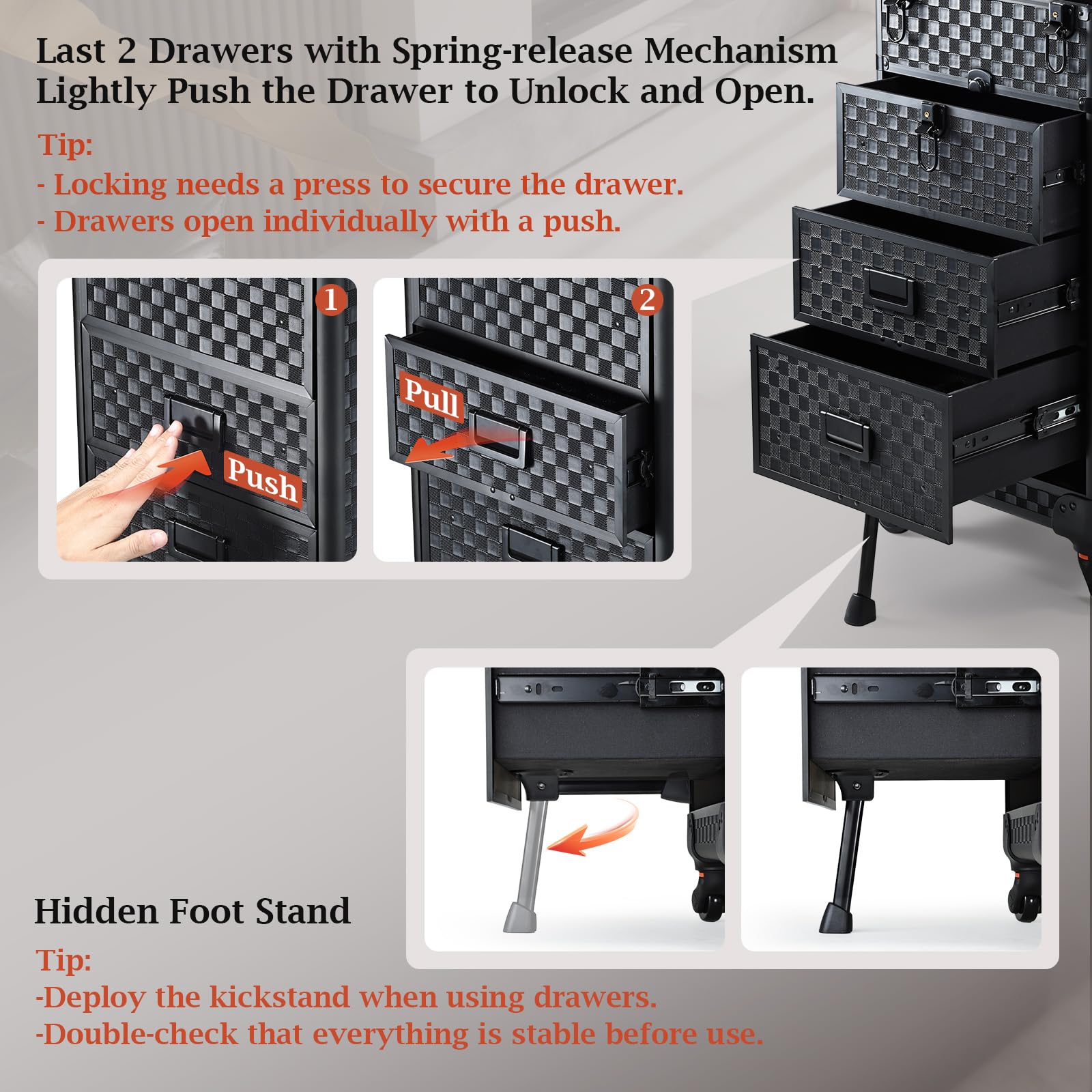 Stagiant cosmetology case on wheels showing the hidden foot stand for added stability.