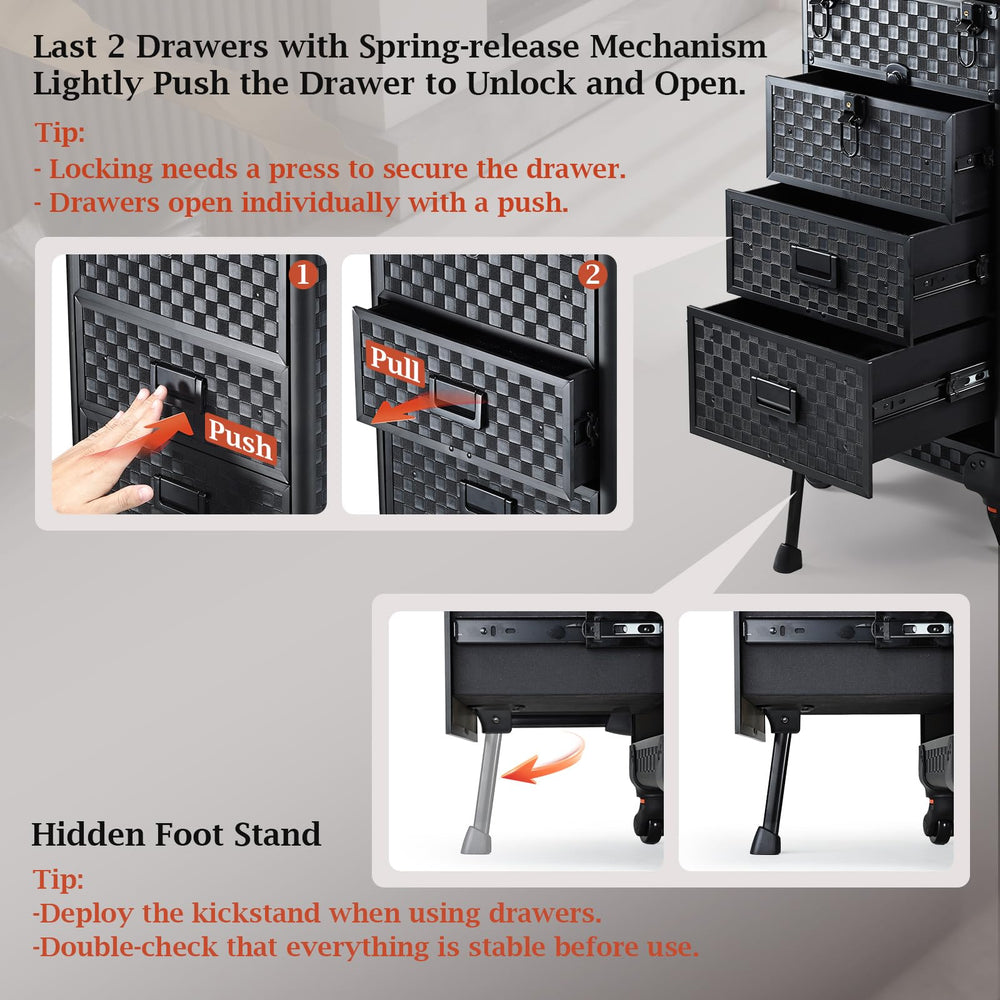 Stagiant cosmetology case on wheels showing the hidden foot stand for added stability.