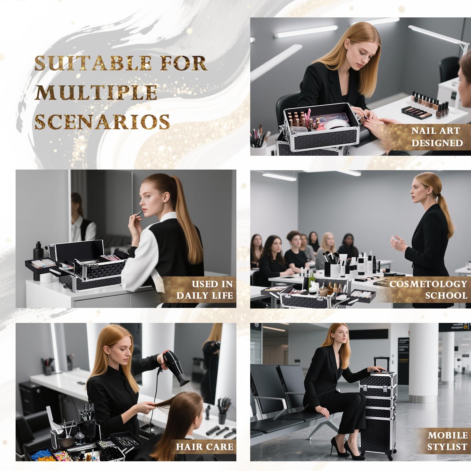 Stagiant cosmetology case on wheels with swivel wheels offers smooth, quiet mobility.