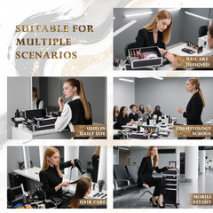 Stagiant cosmetology case on wheels with swivel wheels offers smooth, quiet mobility.