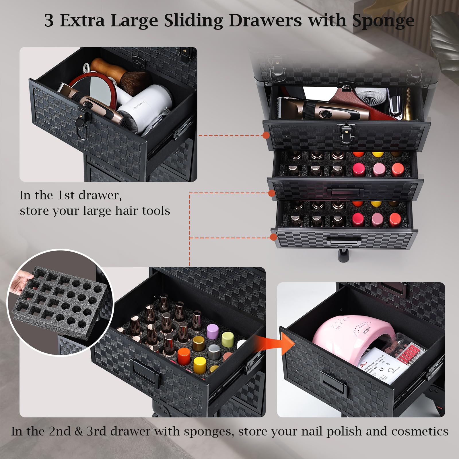 Stagiant makeup case on wheels with 360-degree swivel wheels for smooth transport.