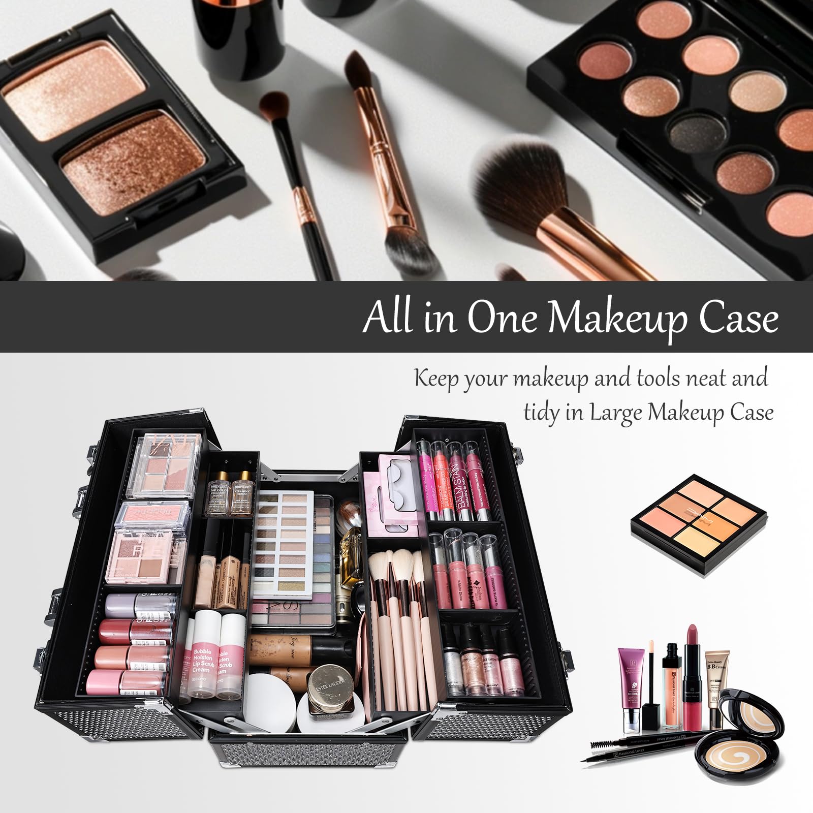 Stagiant four-tray organizer with eight dividers keeps cosmetics neatly sorted during travel.