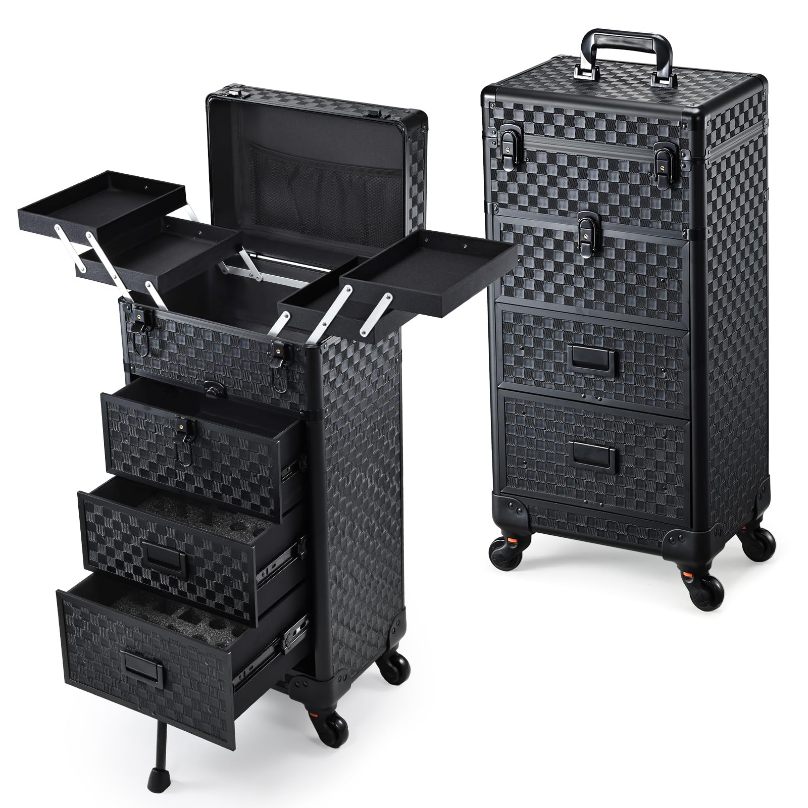 Stagiant rolling makeup case with spring-release drawers for quick access during makeup sessions.