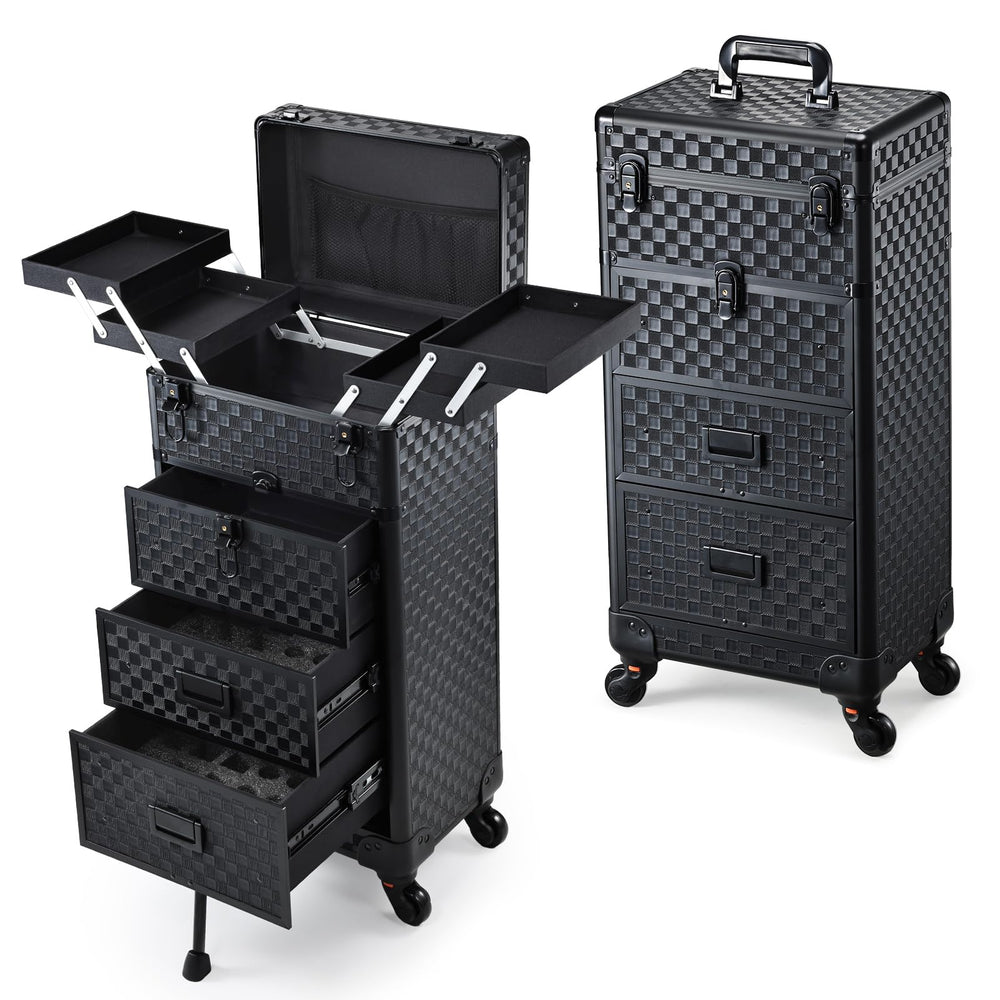 Stagiant rolling makeup case with spring-release drawers for quick access during makeup sessions.