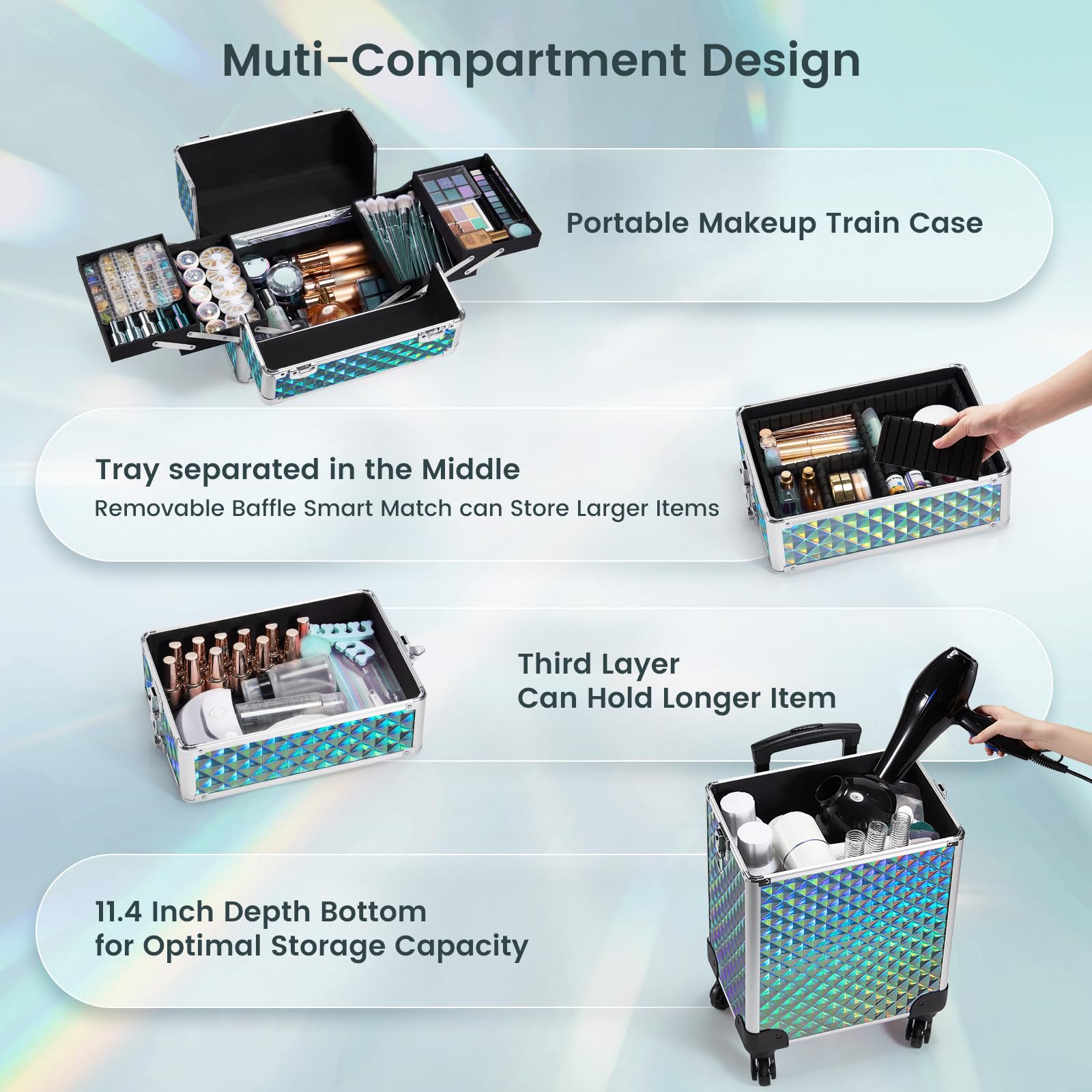 Stagiant rolling makeup case wheeled-drawer-setup enables smooth professional movement.