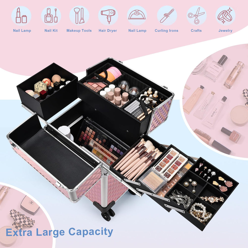 Stagiant rolling makeup train case open trays showing versatile storage options.