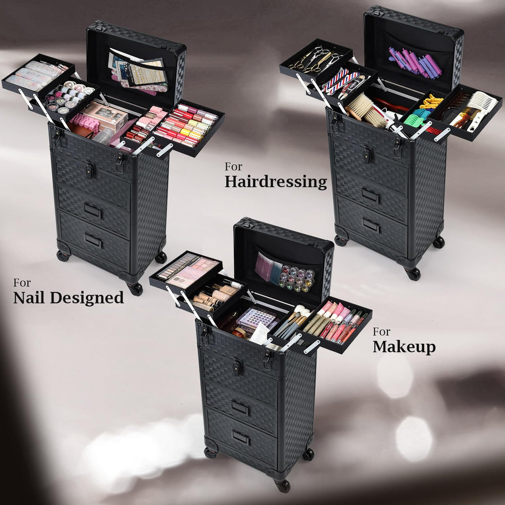 Stagiant train case top compartment connected to four expandable trays for tools.