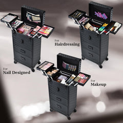 Stagiant train case top compartment connected to four expandable trays for tools.