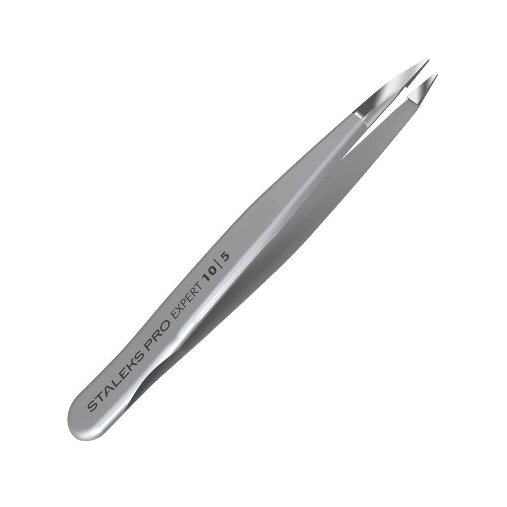 Staleks Pro Expert 10 eyebrow tweezers closeup shows precise pointed tips for ingrown hairs.