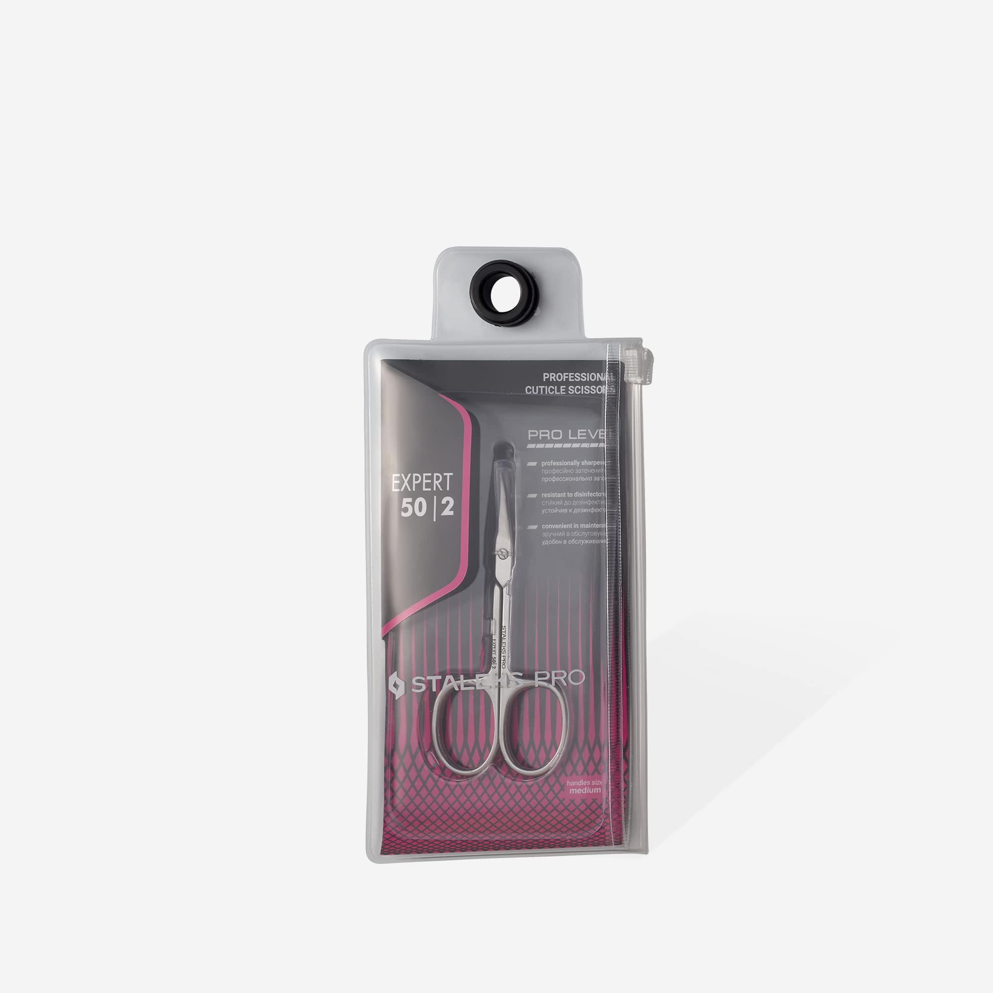 Staleks Pro Expert 50 cuticle scissors stainless steel material for durability.