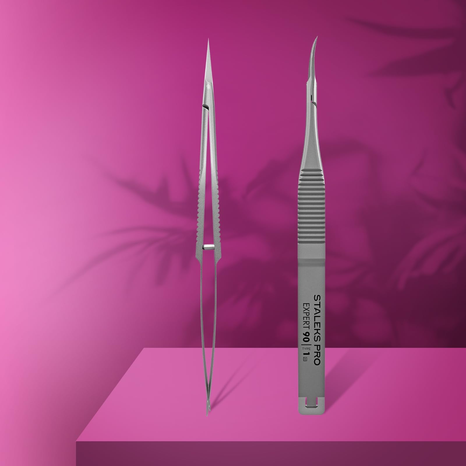 Staleks Pro Expert 90 cuticle micro scissors in use for precise cuticle removal with smooth cutting action