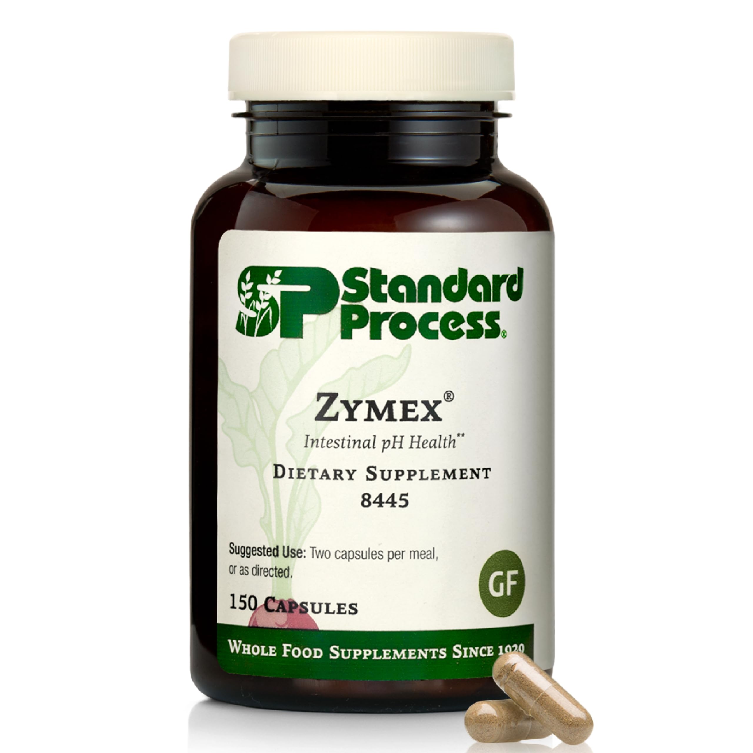 Standard Process Zymex bottle shows capsules for digestive balance and intestinal health support.