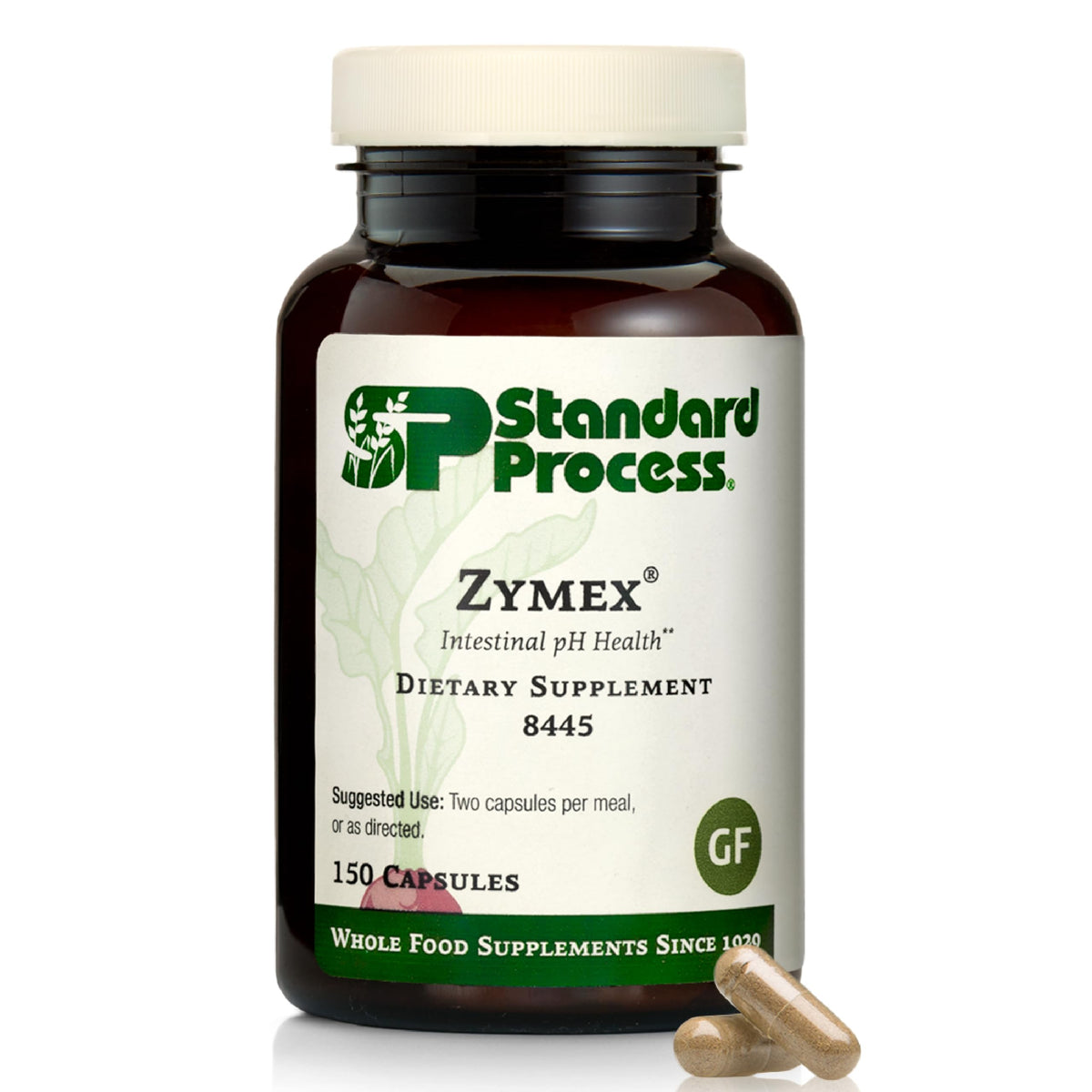 Standard Process Zymex bottle shows capsules for digestive balance and intestinal health support.
