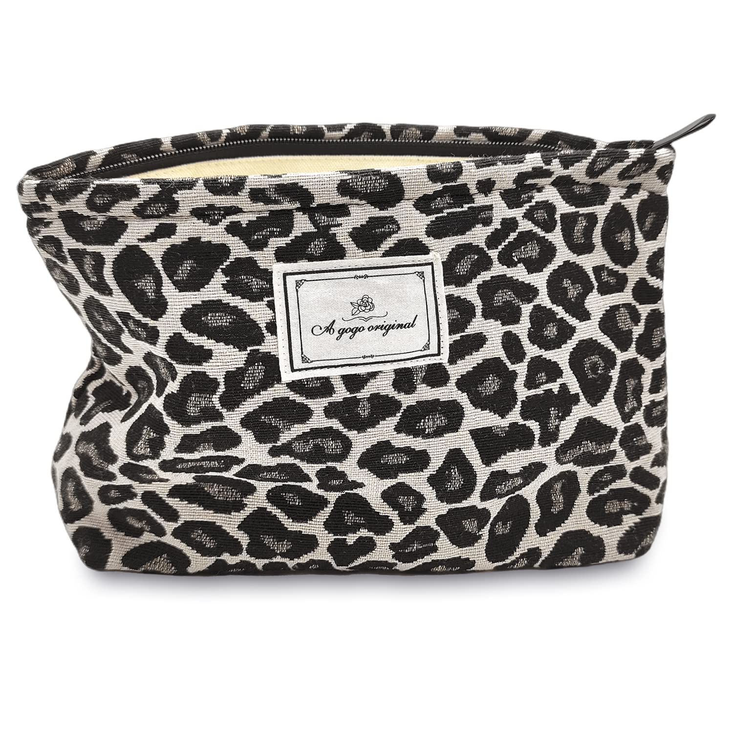 STARDW Leopard Makeup Bag gray front view shows spacious cosmetics storage.