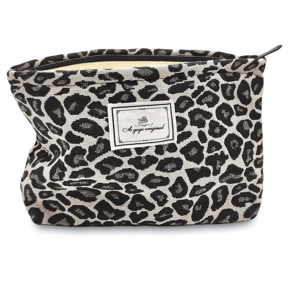 STARDW Leopard Makeup Bag gray front view shows spacious cosmetics storage.
