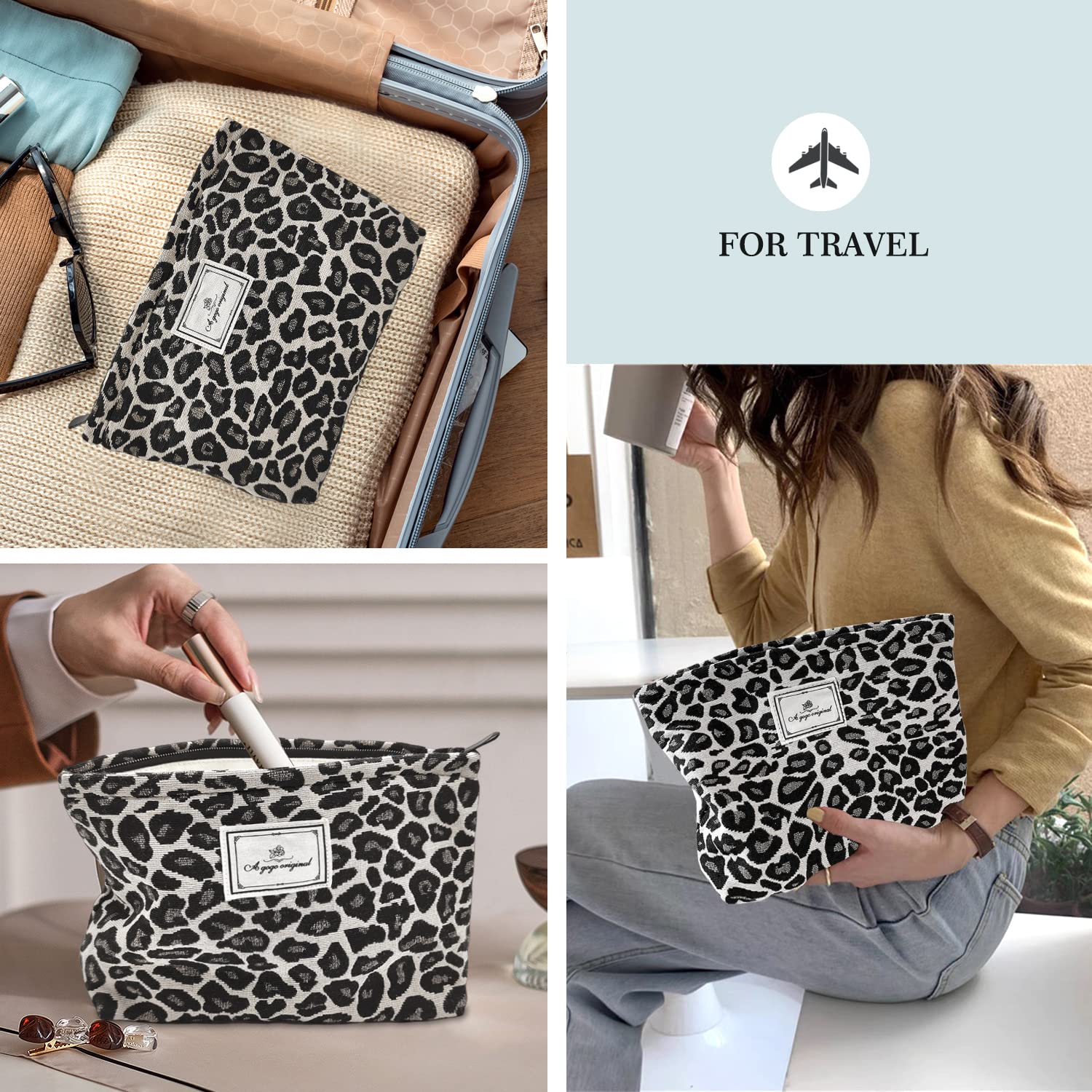 STARDW Leopard Makeup Bag material close-up shows durable canvas and soft touch.