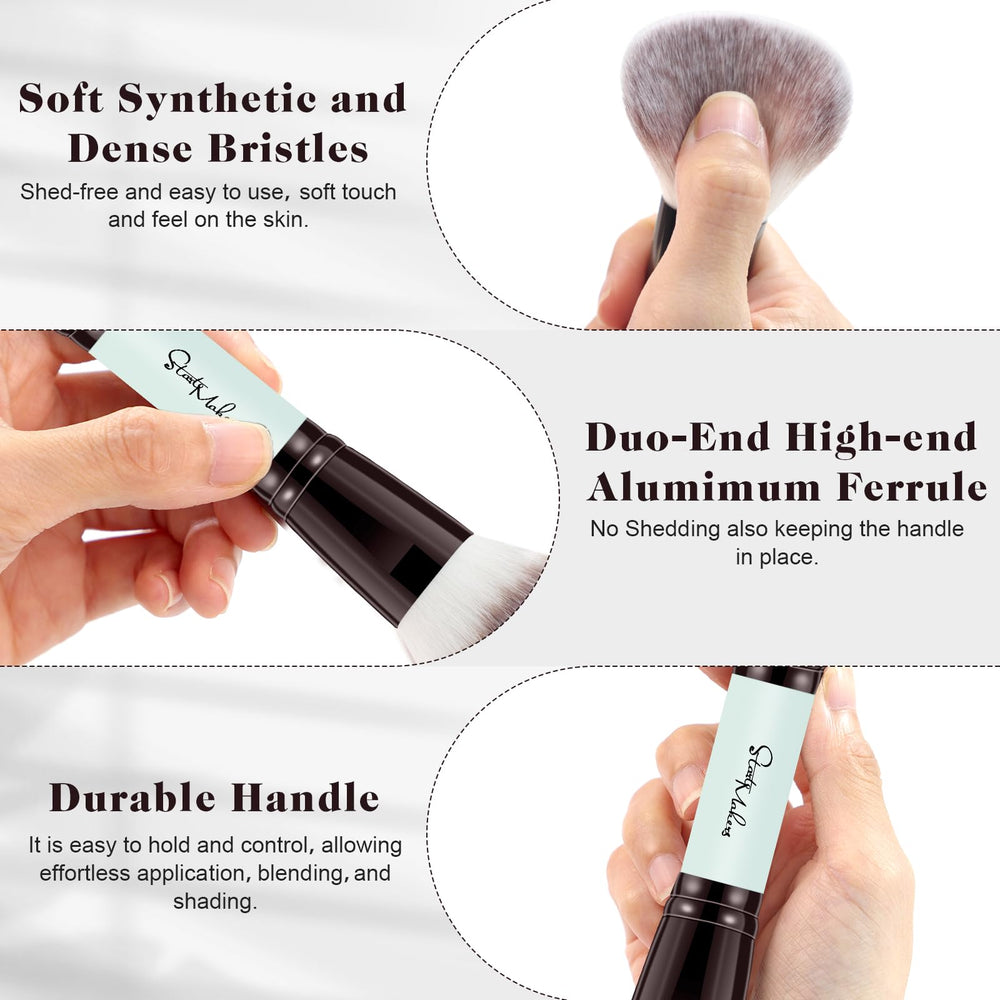 START MAKERS dual-ended powder brush sets finish with a lightweight, breathable veil