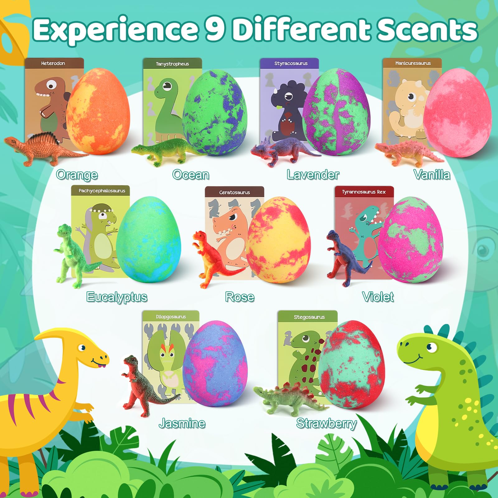 STARYAR fizzing bath bombs color water and reveal a hidden dinosaur toy.