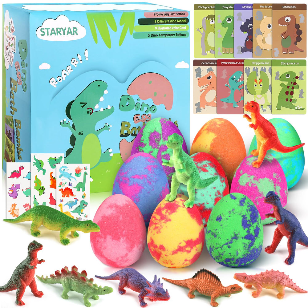 STARYAR dinosaur egg bath bombs package shows 9-pack gift set for kids' bath time.