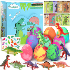 STARYAR dinosaur egg bath bombs package shows 9-pack gift set for kids' bath time.