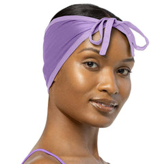 Stay On Satin wrap cap lilac band closeup showing secure, comfortable fit for straight styles.