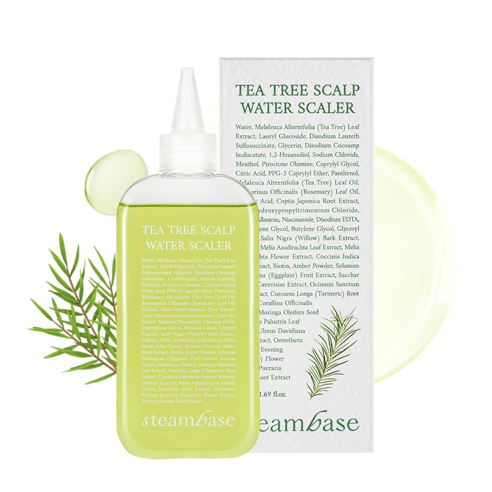 STEAMBASE Tea Tree Scalp Treatment bottle highlighting purifying formula for oily scalp