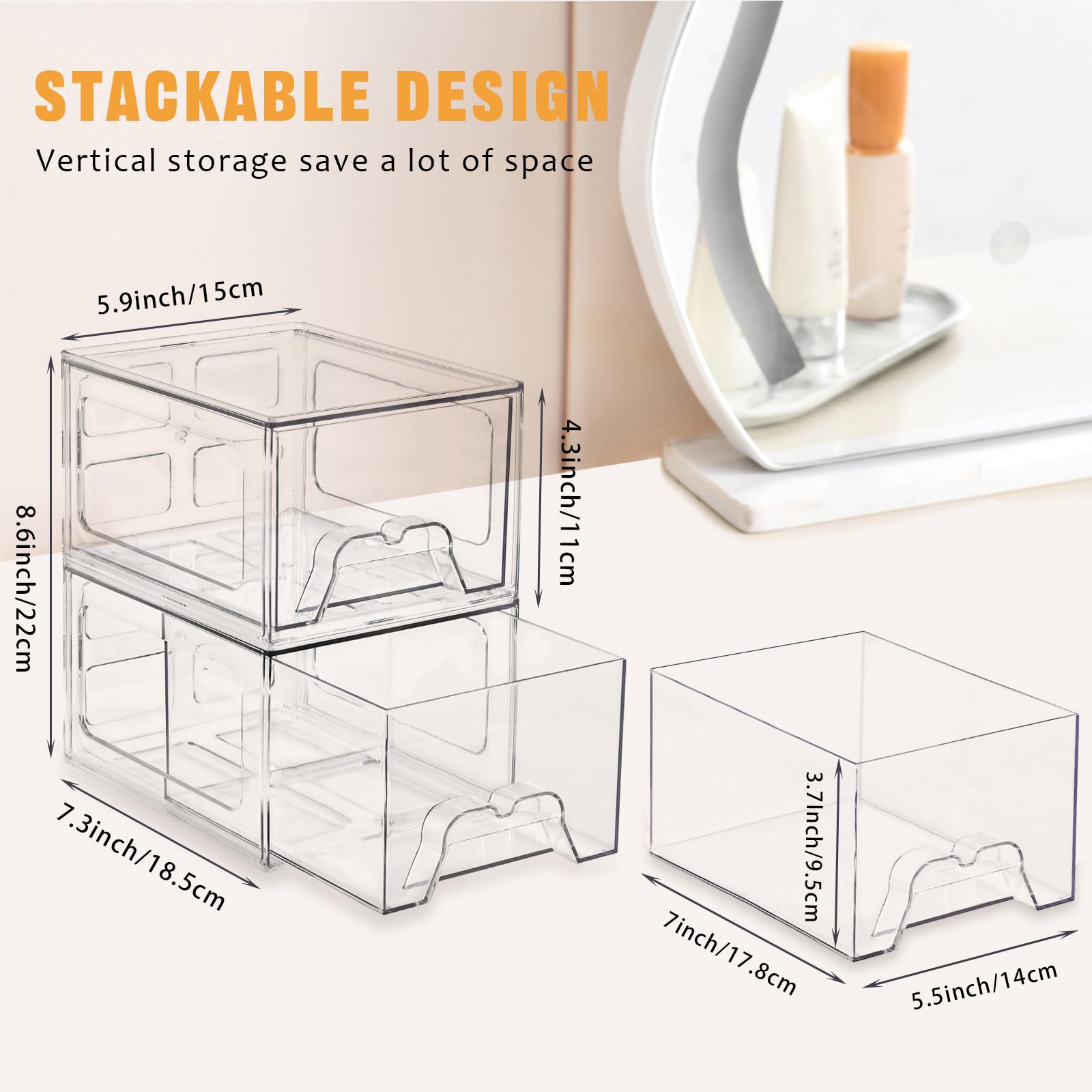 Stebopum clear acrylic storage bin on vanity for quick identification of cosmetics.