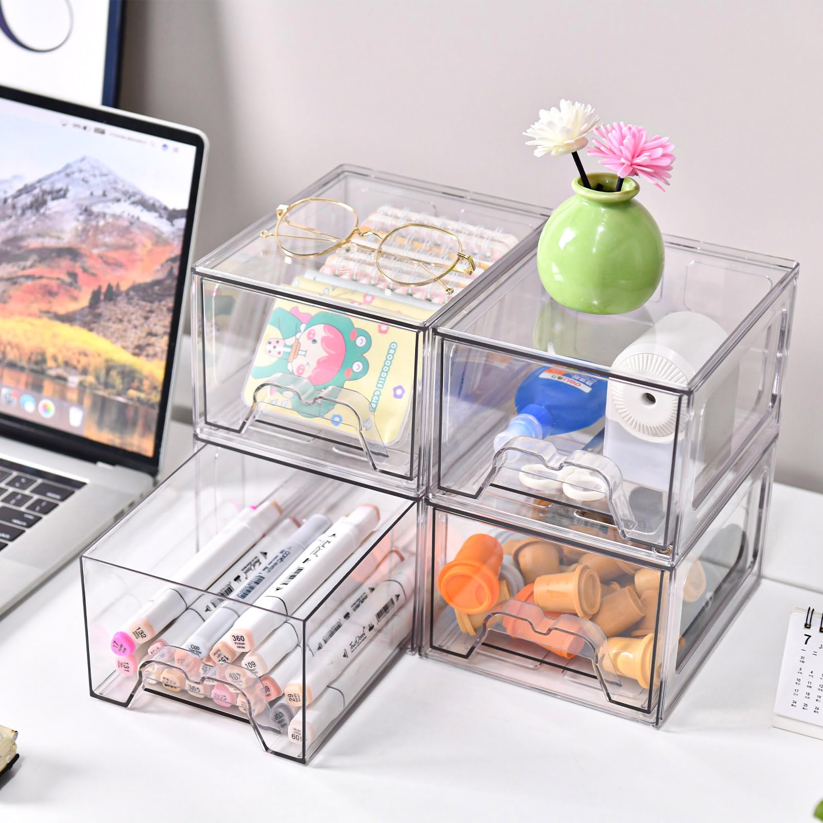 Stebopum desk organization bin in clear acrylic for small office items.
