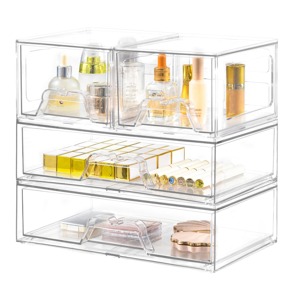 Stebopum stackable drawers 4-pack shown on vanity for tidy storage.