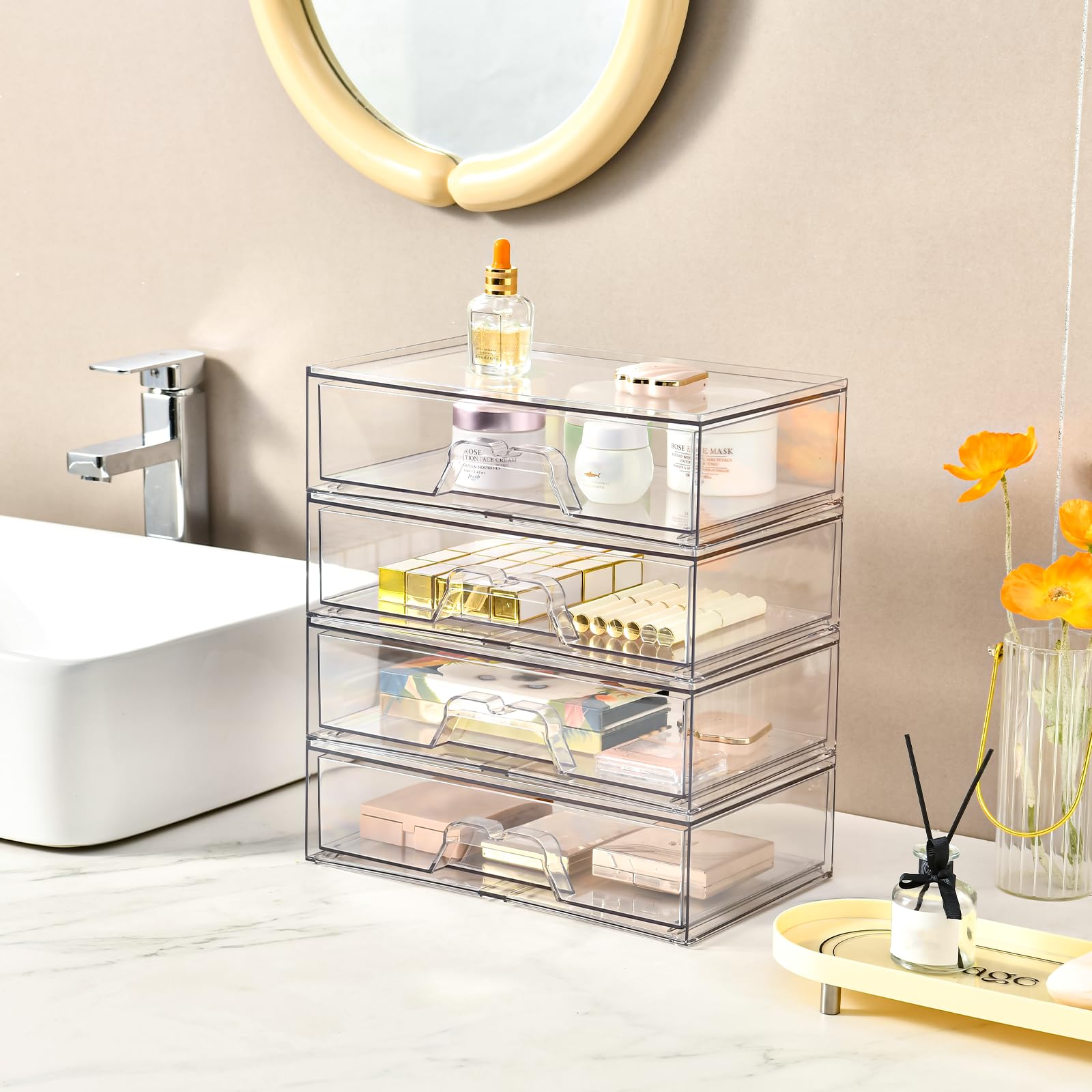 Stebopum stackable makeup drawer detail with built-in pull handles for smooth sliding