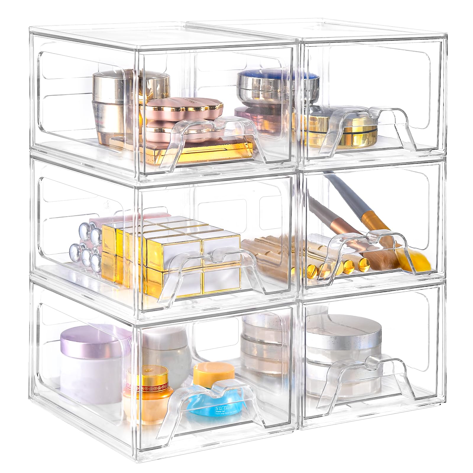Stebopum stackable makeup organizer with six drawers keeps vanity items neatly visible for quick access.