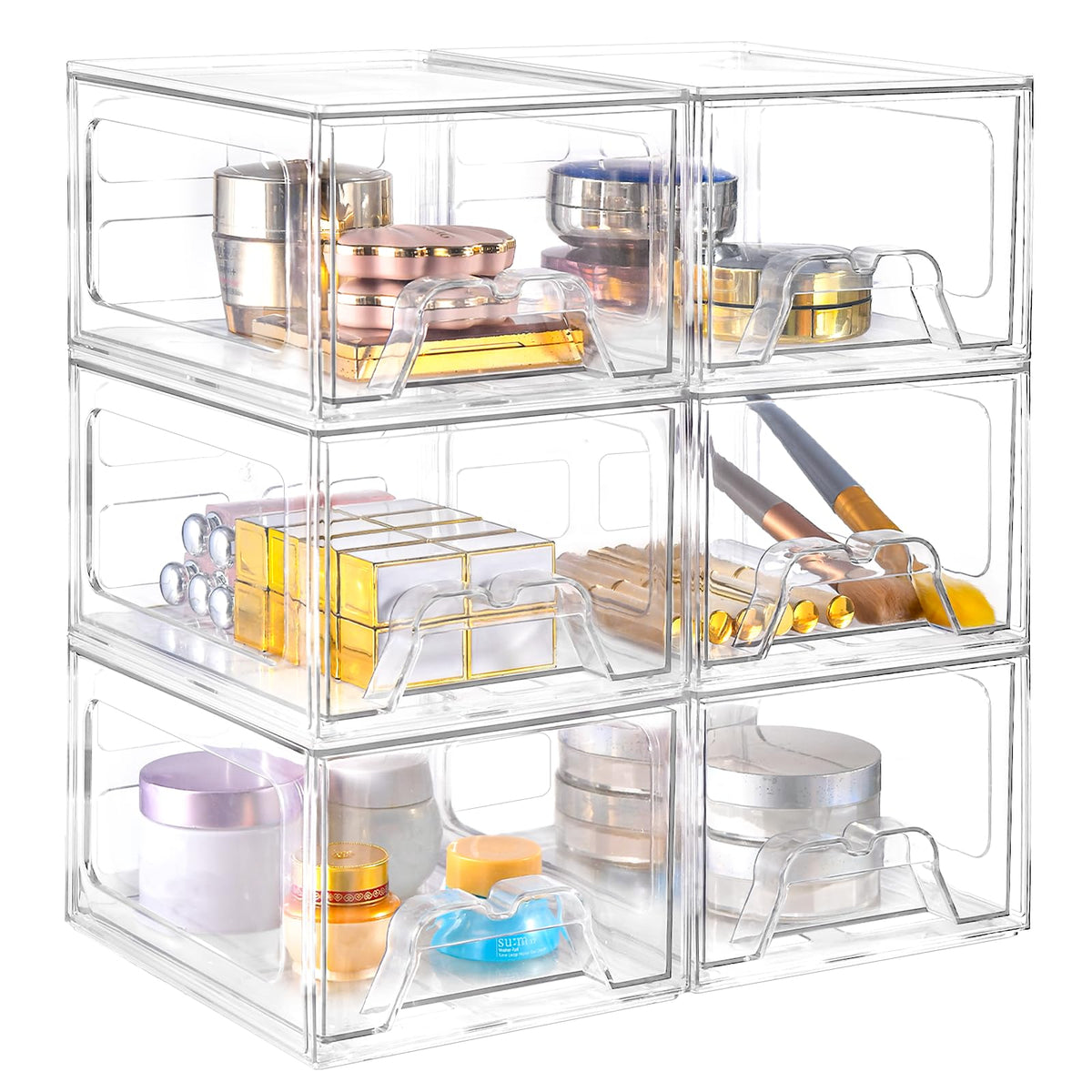 Stebopum stackable makeup organizer with six drawers keeps vanity items neatly visible for quick access.