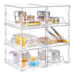 Stebopum stackable makeup organizer with six drawers keeps vanity items neatly visible for quick access.