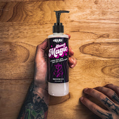 Stencil Magic gel applying smoothly to skin for precise stencil outlines.