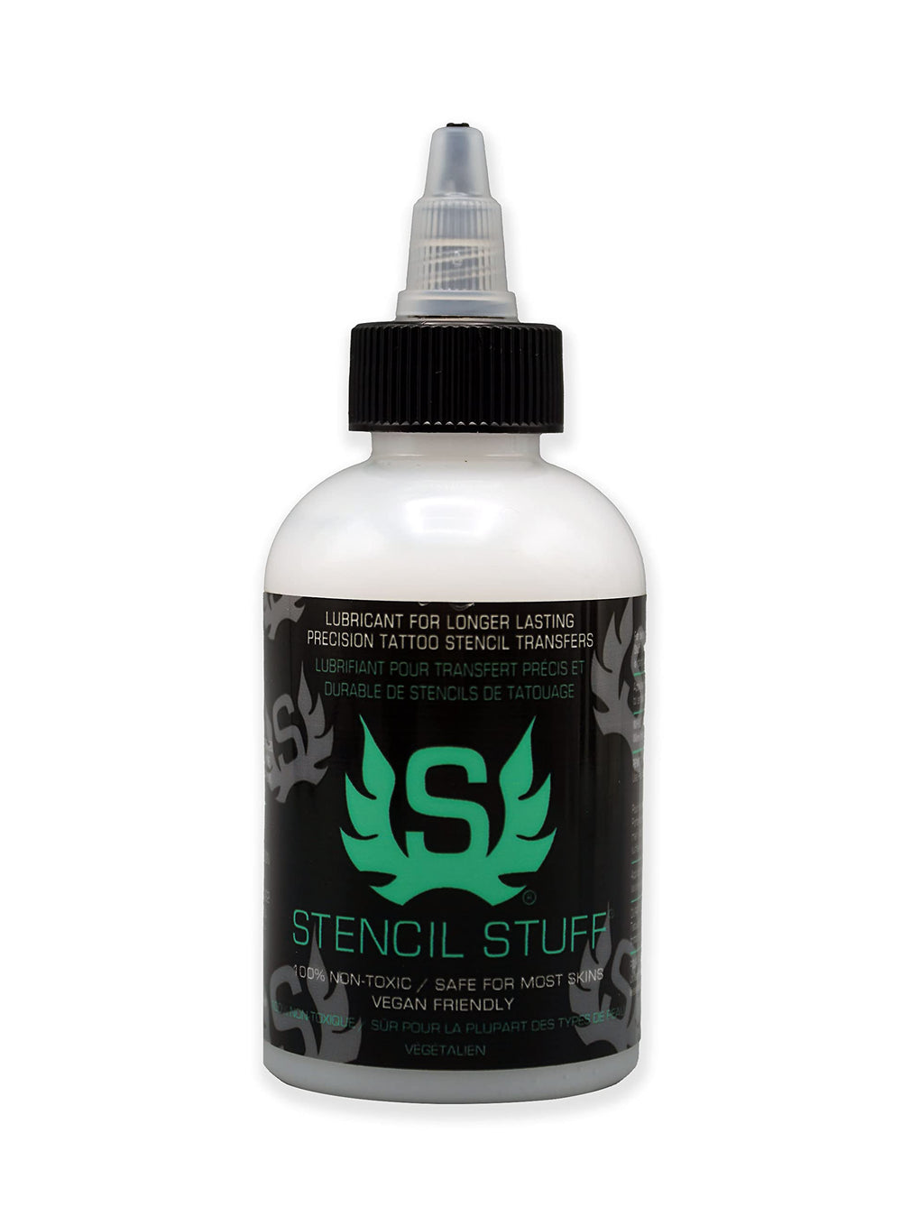 Stencil Stuff Made in USA seal highlights non-toxic, skin-friendly formula for tattoos.