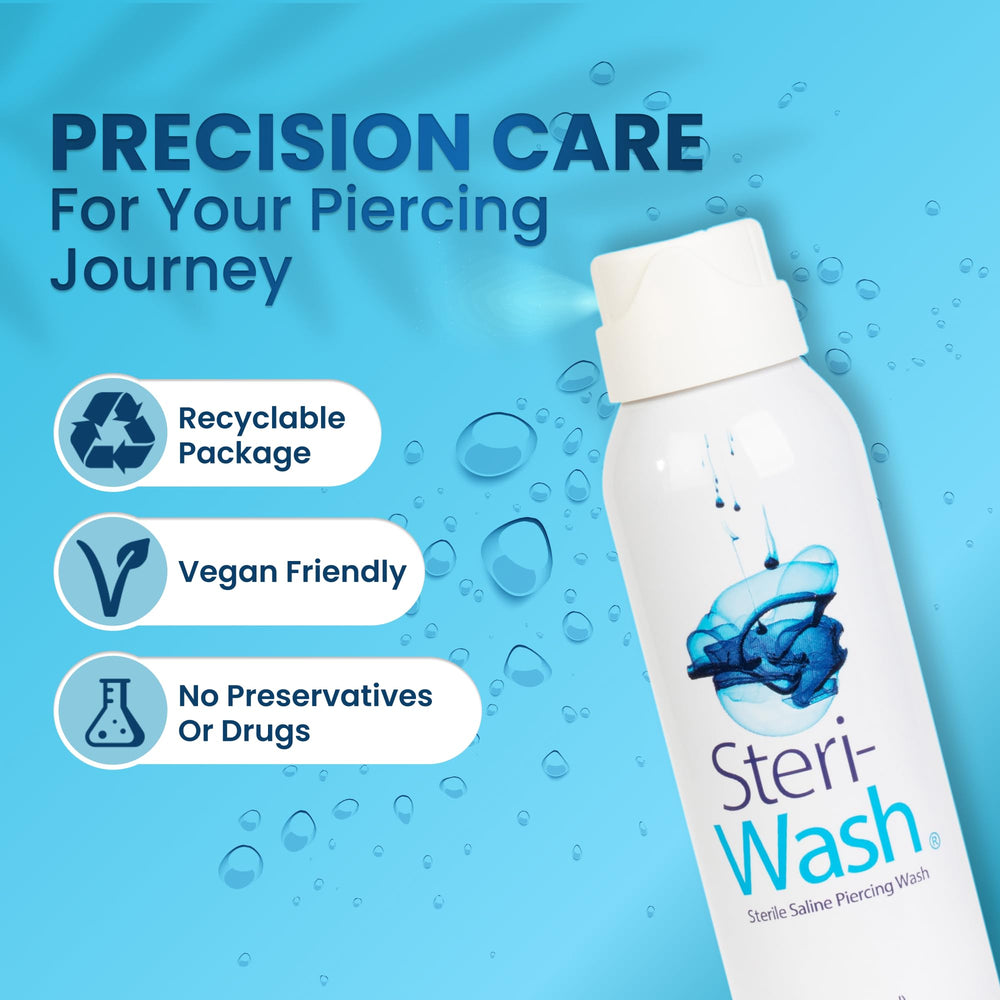 STERI-WASH spray in use on piercing during healing for gentle cleansing