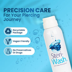 STERI-WASH spray in use on piercing during healing for gentle cleansing