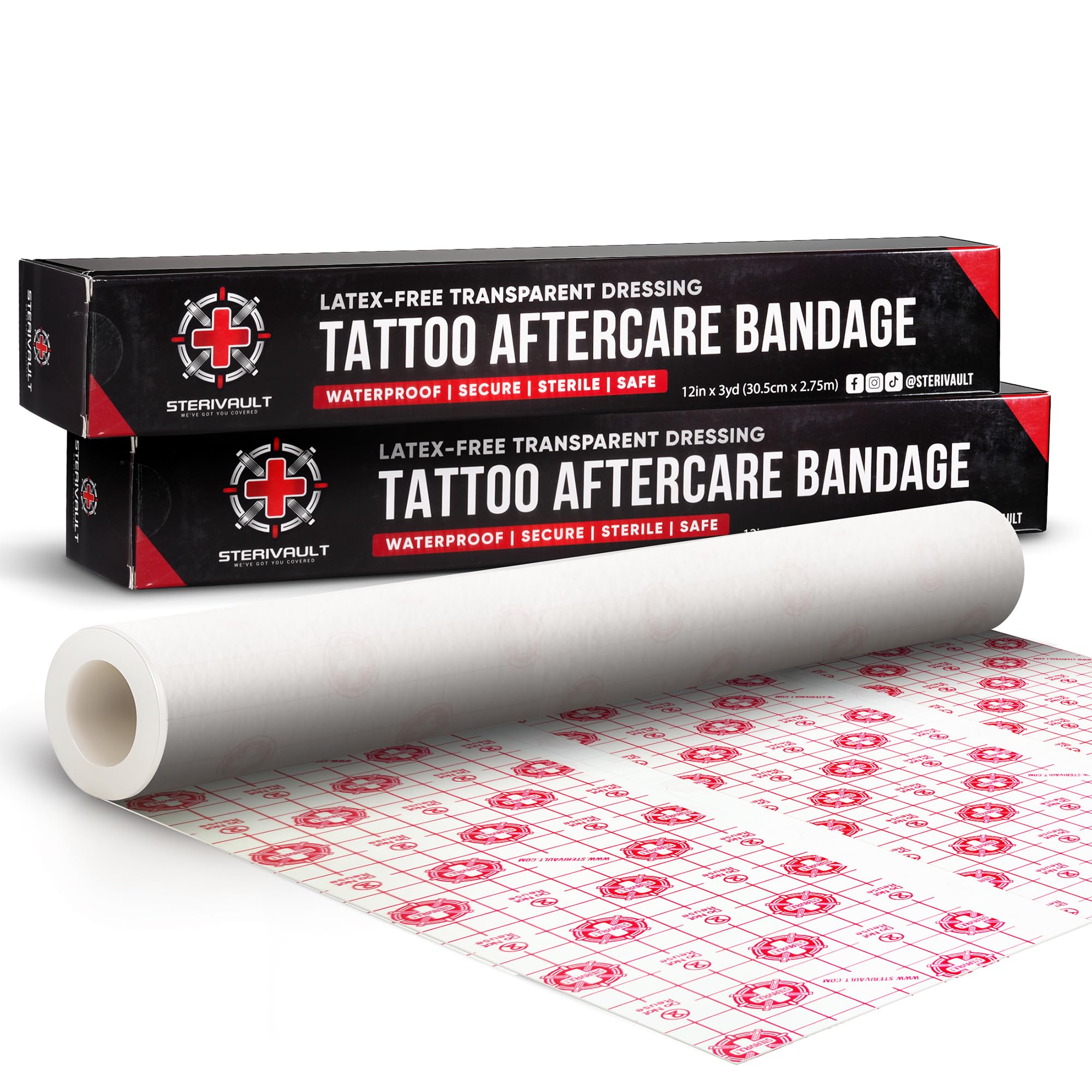Sterivault tattoo aftercare bandage 12in-wide covers large tattoos with waterproof protection.