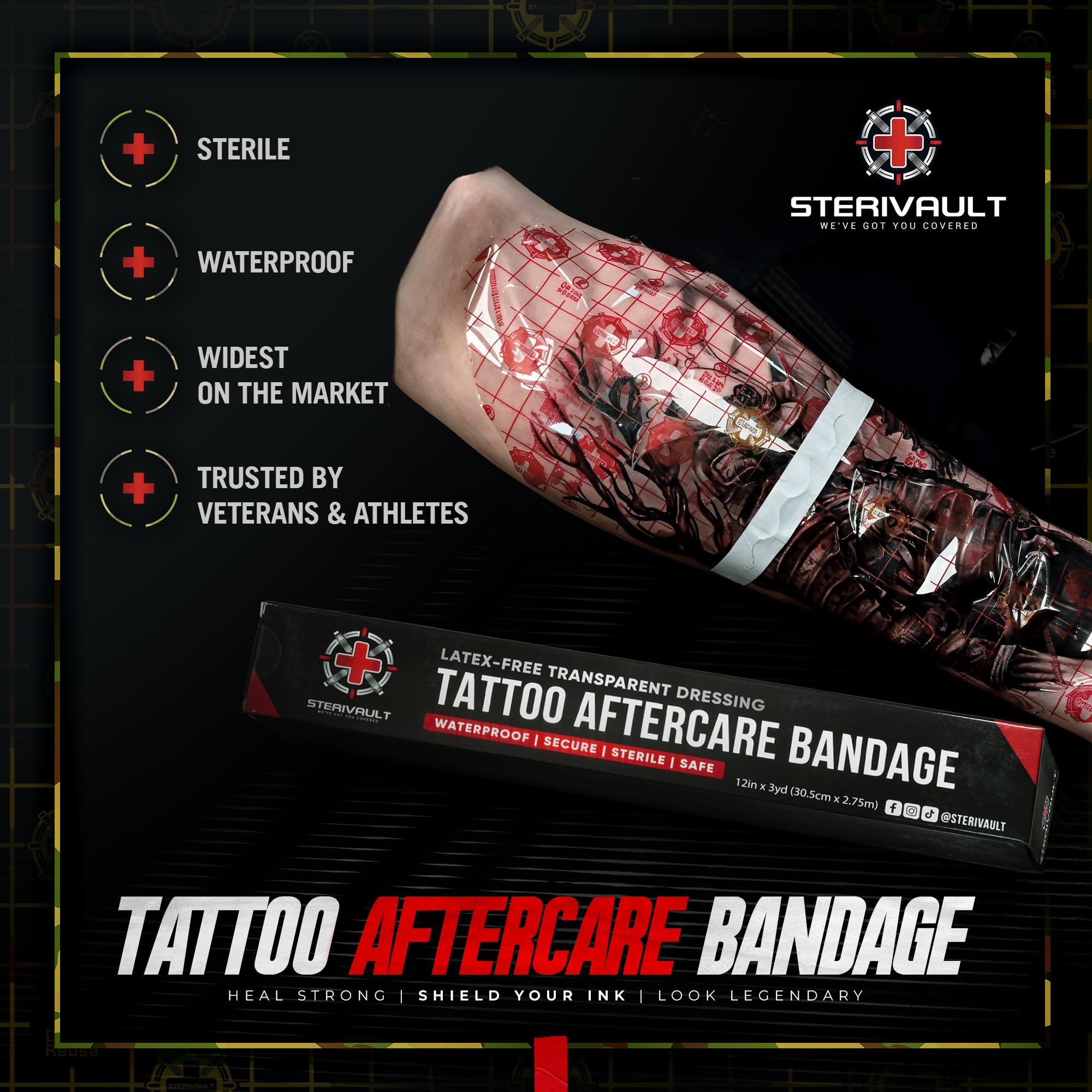 Sterivault tattoo wrap grid backing assists precise trim for a snug, professional fit.