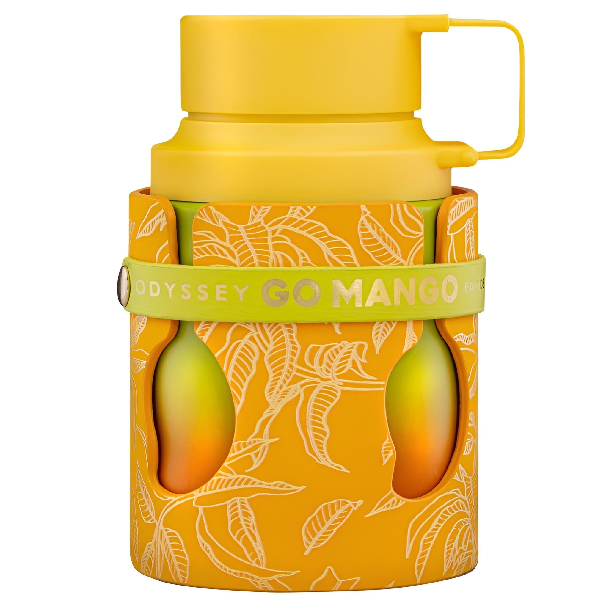 Sterling Parfums Armaf Odyssey Go Mango bottle front shows tropical brightness for daytime wear.