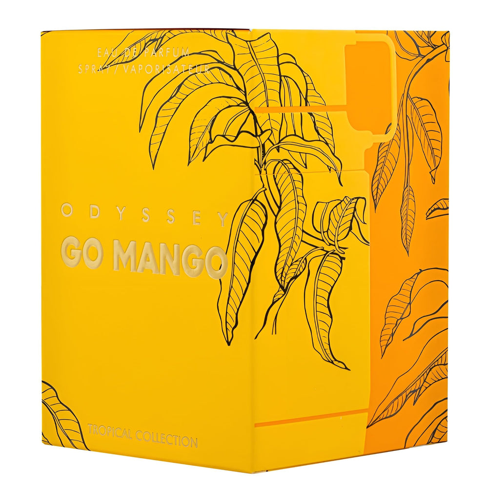 Sterling Parfums Armaf Odyssey Go Mango notes banner highlights mango and vanilla allure for versatile wear.
